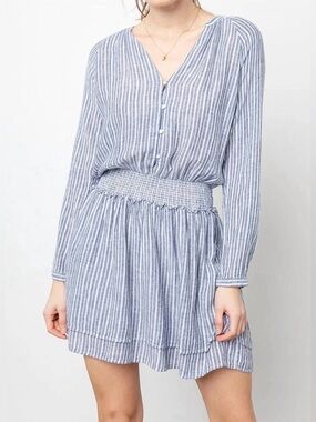 Rails Jasmine Rhone Stripe Coastal Blue White Linen Smocked Mini Dress S